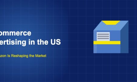 Three-dimensional blue delivery box with yellow tape strips and a white shipping label on a navy background