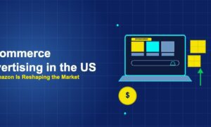 Laptop showing e-commerce product grid with package boxes and dollar coin