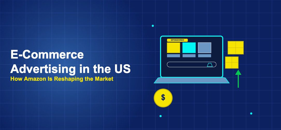 Laptop showing e-commerce product grid with package boxes and dollar coin