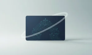Minimalist loyalty card with glowing AI circuit motif and a faint circular data loop on a soft gradient background.