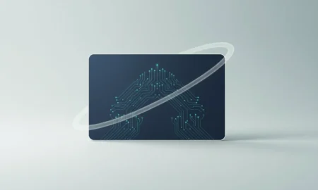 Minimalist loyalty card with glowing AI circuit motif and a faint circular data loop on a soft gradient background.
