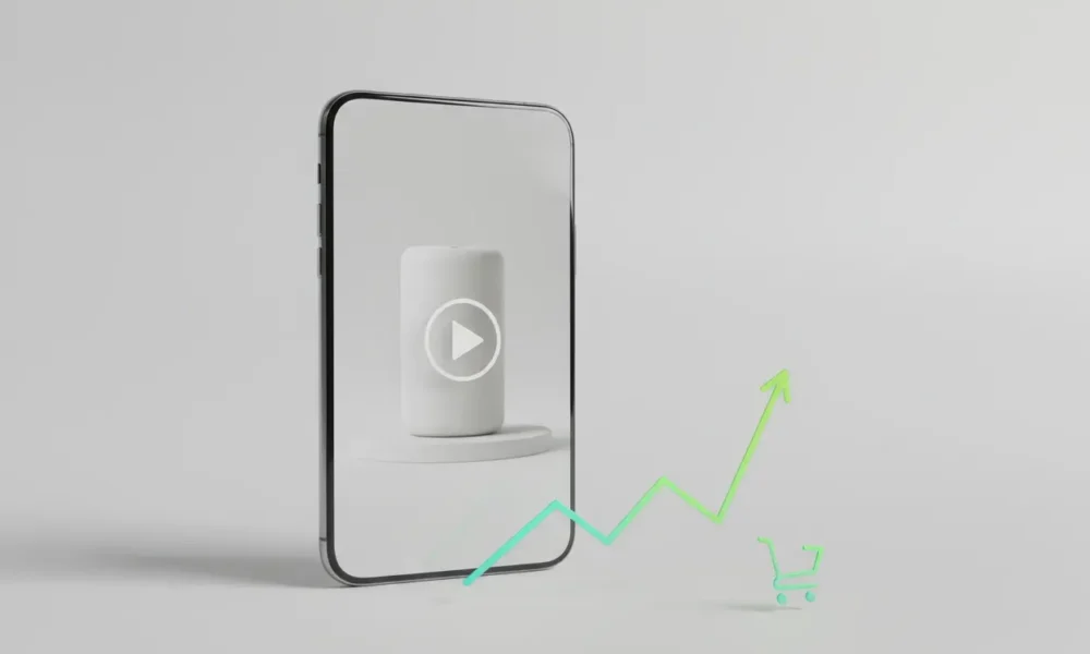 Smartphone showing a product video with a rising sales graph and shopping cart icon on a soft neutral background.