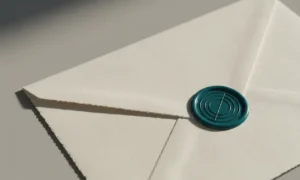 Close-up of a deep-teal wax seal with an abstract geometric emblem on a blank envelope, set on a soft neutral background.
