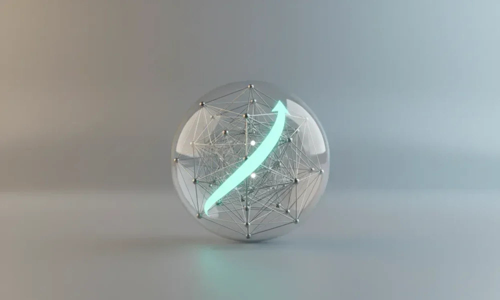 Minimalist glass sphere with a glowing network node and an upward light ribbon on a soft neutral gradient background.