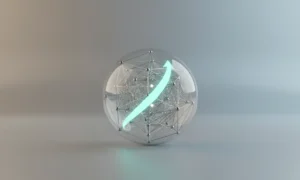Minimalist glass sphere with a glowing network node and an upward light ribbon on a soft neutral gradient background.