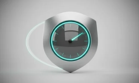 Shield-shaped speedometer on a soft gray background, needle mid-high, symbolizing balanced speed and security.