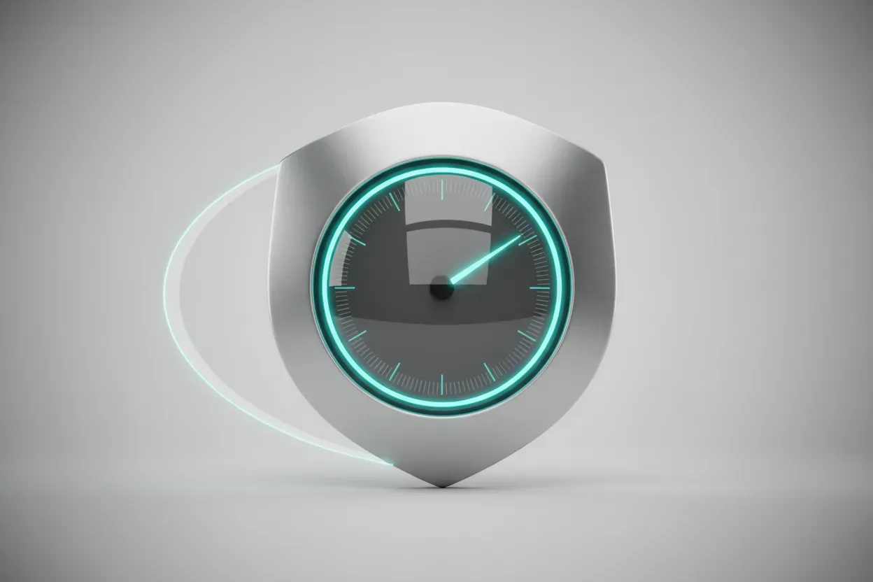 Shield-shaped speedometer on a soft gray background, needle mid-high, symbolizing balanced speed and security.