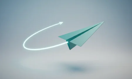 Teal paper airplane sharply changing direction with a glowing arc on a soft gray-blue background, symbolizing a quick strategic pivot.