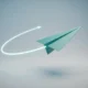 Teal paper airplane sharply changing direction with a glowing arc on a soft gray-blue background, symbolizing a quick strategic pivot.