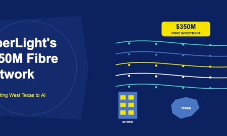 Fibre optic cables connecting data centre buildings across Texas map on dark navy background