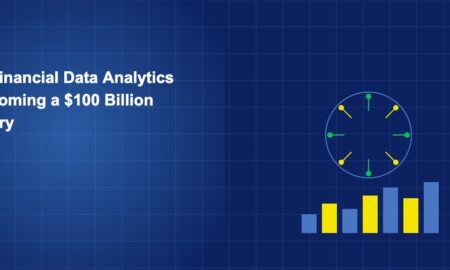 Analytics hub with data nodes and rising bars on dark blue grid