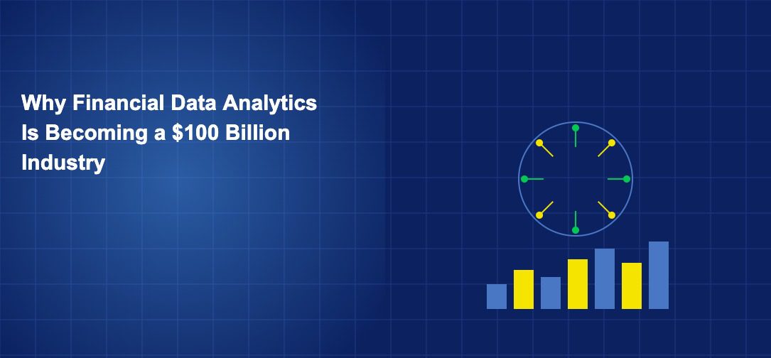 Analytics hub with data nodes and rising bars on dark blue grid