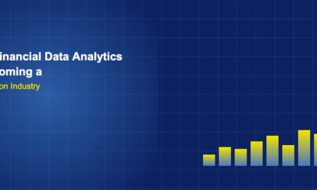 Rising analytics bar chart with gradient colors on dark blue grid background