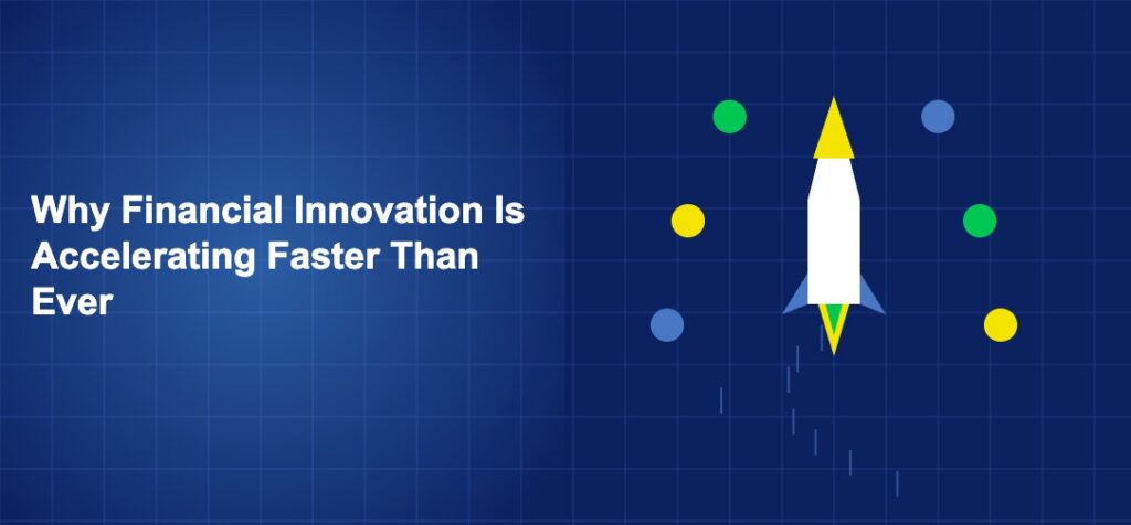 Rocket ascending through layers of financial icons with acceleration lines on dark blue background