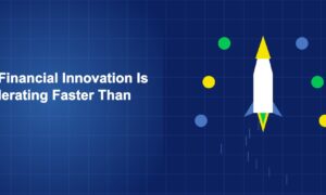 Rocket ascending through layers of financial icons with acceleration lines on dark blue background