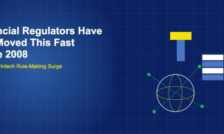 Golden gavel with stacked rule books, a globe with latitude lines, and green regulation network dots