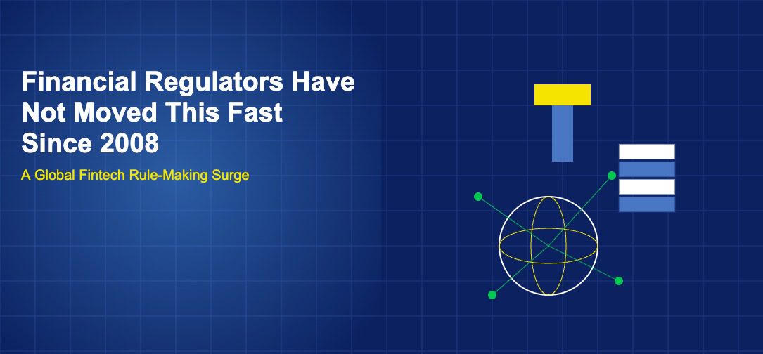 Golden gavel with stacked rule books, a globe with latitude lines, and green regulation network dots