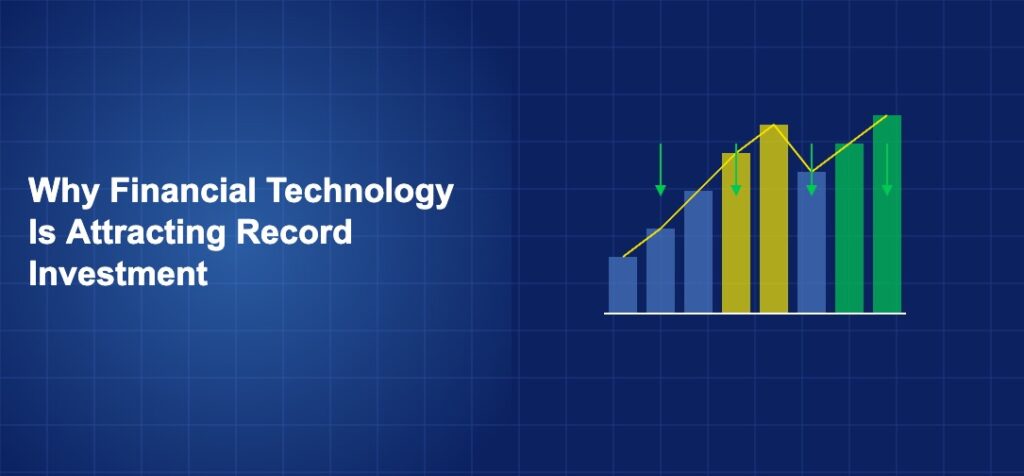 Rising bar chart with investment arrows flowing into fintech sector symbols on dark blue background