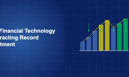 Rising bar chart with investment arrows flowing into fintech sector symbols on dark blue background