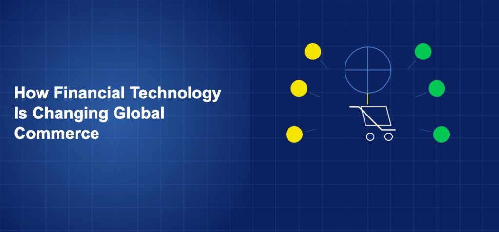 Shopping cart connected to global network with payment flow arrows and currency symbols on dark blue background