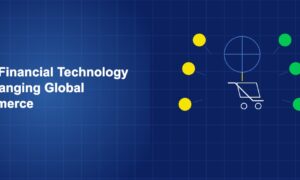 Shopping cart connected to global network with payment flow arrows and currency symbols on dark blue background