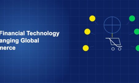 Shopping cart connected to global network with payment flow arrows and currency symbols on dark blue background