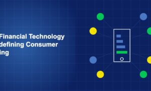 Smartphone displaying banking interface surrounded by payment and financial service icons on dark blue background