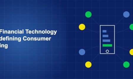 Smartphone displaying banking interface surrounded by payment and financial service icons on dark blue background