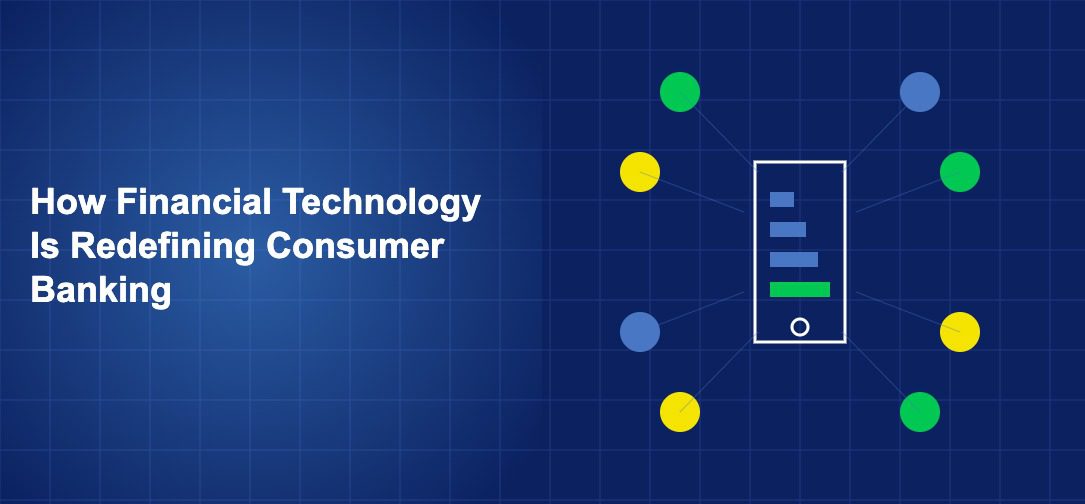 Smartphone displaying banking interface surrounded by payment and financial service icons on dark blue background