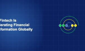 Accelerating spiral with financial transformation milestones and speed indicators on dark blue background