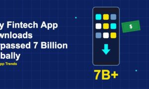 Phone with fintech app grid and 7B+ download count