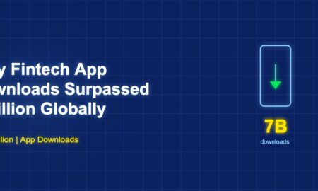 Smartphone with download arrow showing 7 billion fintech app downloads
