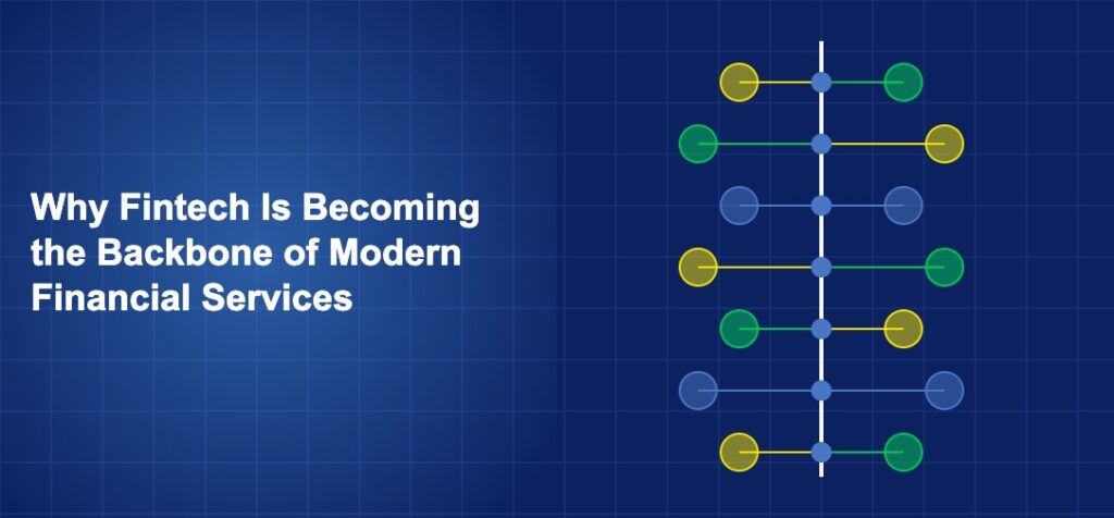 Spine-like vertical structure with branching connections to financial service nodes on dark blue background