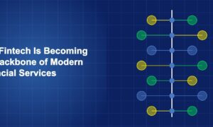 Spine-like vertical structure with branching connections to financial service nodes on dark blue background