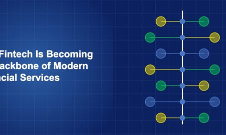 Spine-like vertical structure with branching connections to financial service nodes on dark blue background