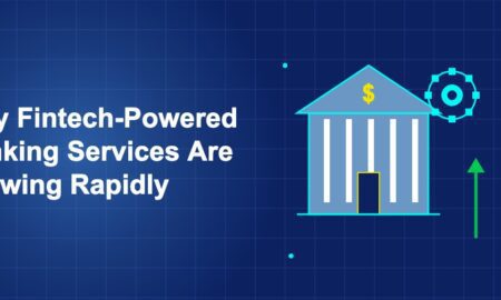 Bank building with gear cog and green upward growth arrow