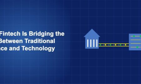 Bridge structure connecting a classical bank building to a modern digital circuit on dark blue background