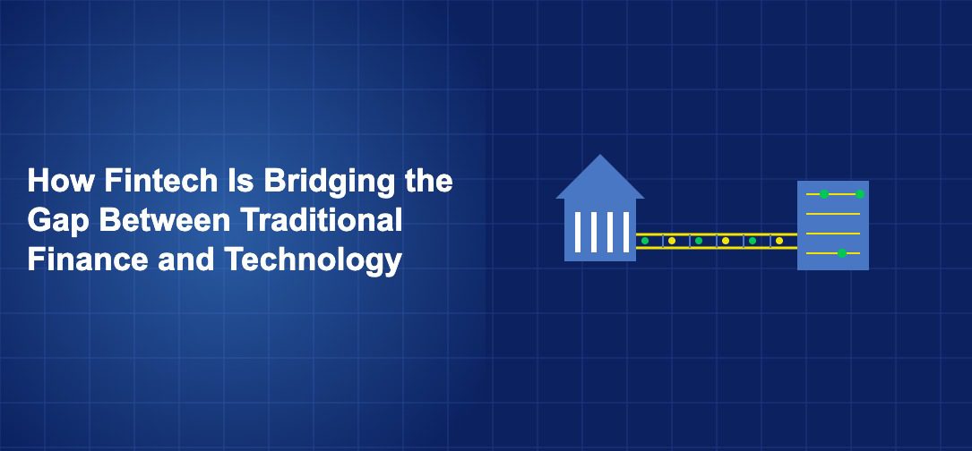 Bridge structure connecting a classical bank building to a modern digital circuit on dark blue background