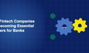 Two interlocking gears, one representing a bank and one representing technology, with connecting elements on dark blue background