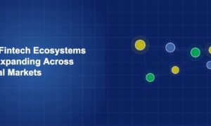 World map with glowing fintech hub nodes connected by network lines on dark blue background