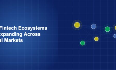 World map with glowing fintech hub nodes connected by network lines on dark blue background