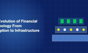 Layered architecture diagram showing progression from startups to infrastructure with building blocks on dark blue background