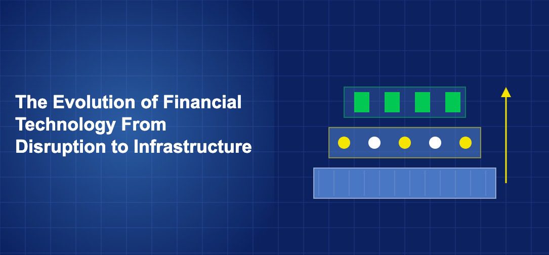 Layered architecture diagram showing progression from startups to infrastructure with building blocks on dark blue background