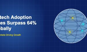 Dark blue canvas featuring a large blue globe with latitude and longitude grid lines, cyan and yellow market hotspot dots with concentric ripple rings representing global fintech adoption
