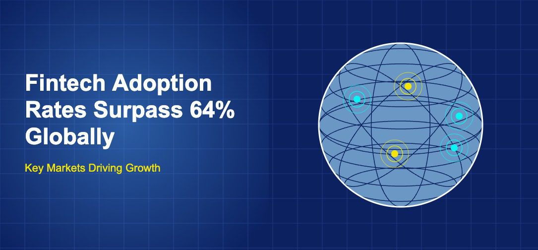 Dark blue canvas featuring a large blue globe with latitude and longitude grid lines, cyan and yellow market hotspot dots with concentric ripple rings representing global fintech adoption