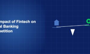 Balance scale with traditional banking on one side and fintech innovation on the other on dark blue background