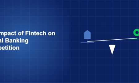 Balance scale with traditional banking on one side and fintech innovation on the other on dark blue background
