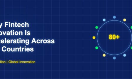 Globe with connected dots representing fintech innovation in 80 plus countries