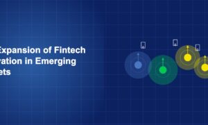 Emerging market map highlights with growing fintech nodes and mobile phone symbols on dark blue background