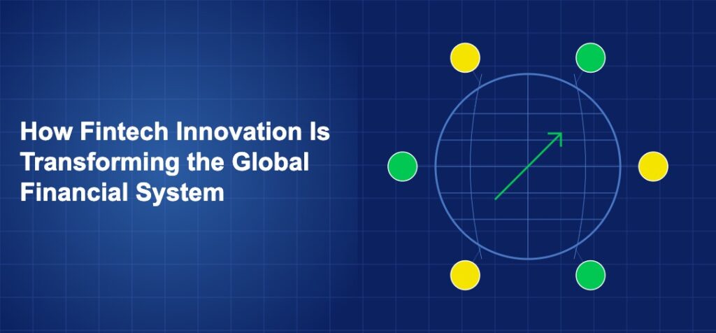 Globe with interconnected fintech symbols including coins and growth arrows on dark blue background